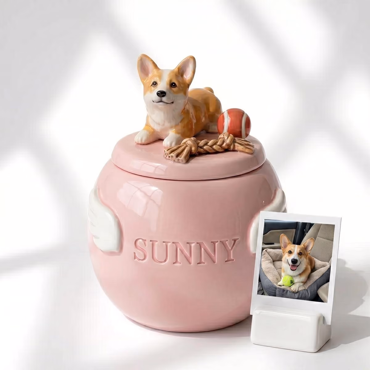 A ceramic pet urn with sculpted angel wings in matte relief against a pale glaze