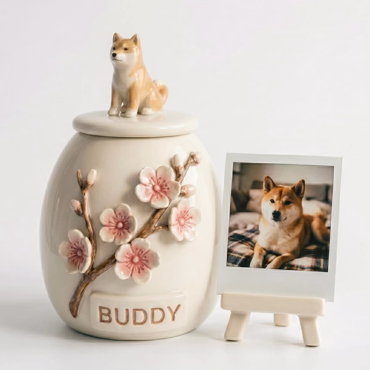 A ceramic pet urn with painted cherry blossom standing on a wooden shelf beside a framed photograph