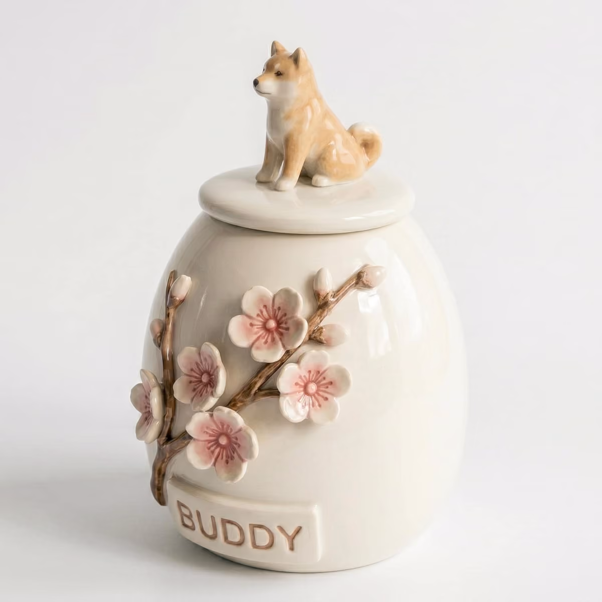 Close-up of the cherry blossom detail on a handmade ceramic urn