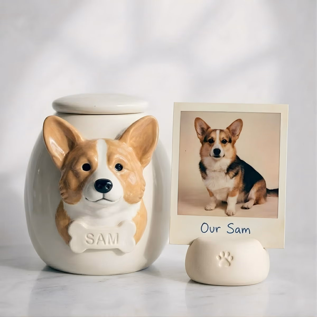 Ceramic Corgi memorial urn with a hand-sculpted figurine