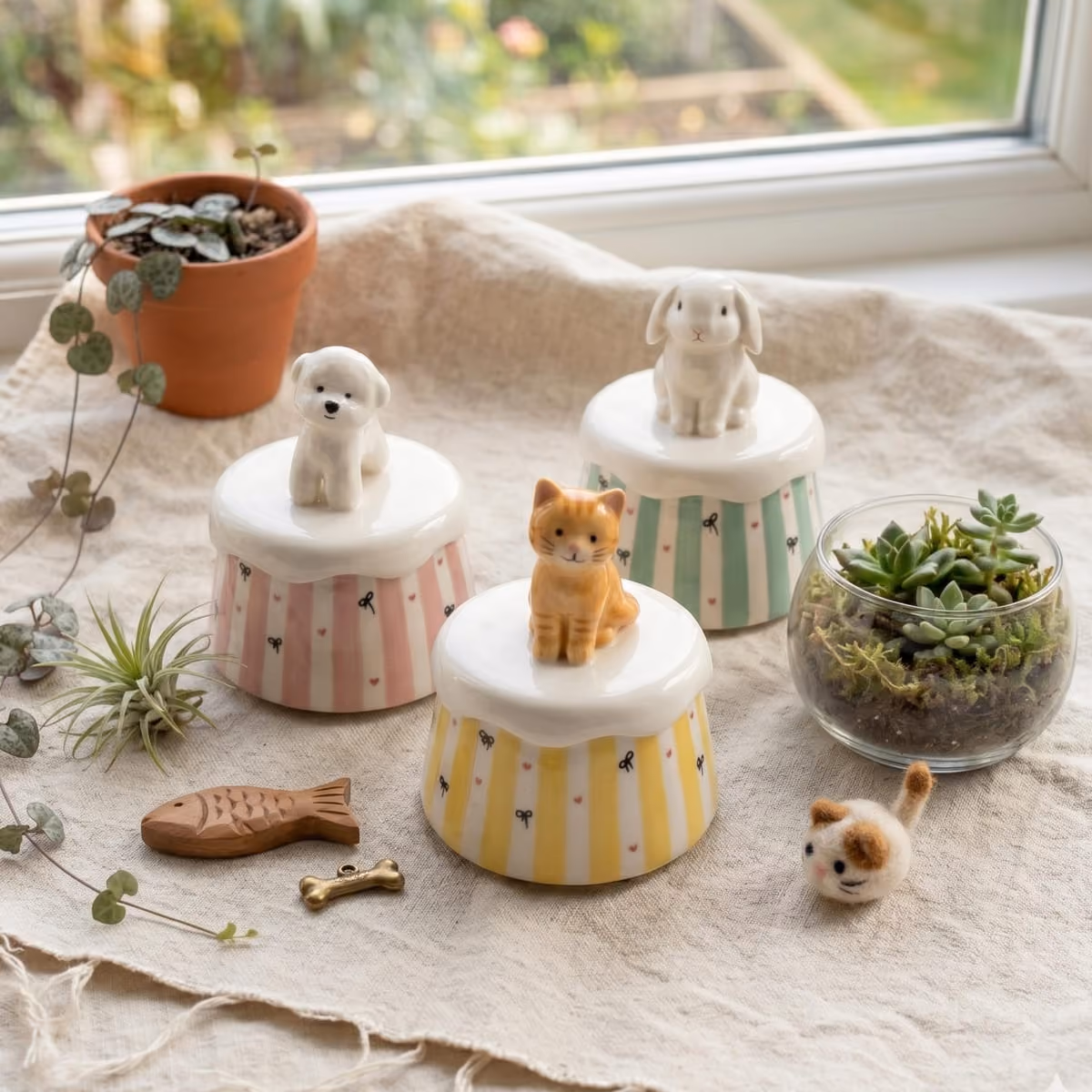 Cottagecore urn lid with the sculpted pet figurine