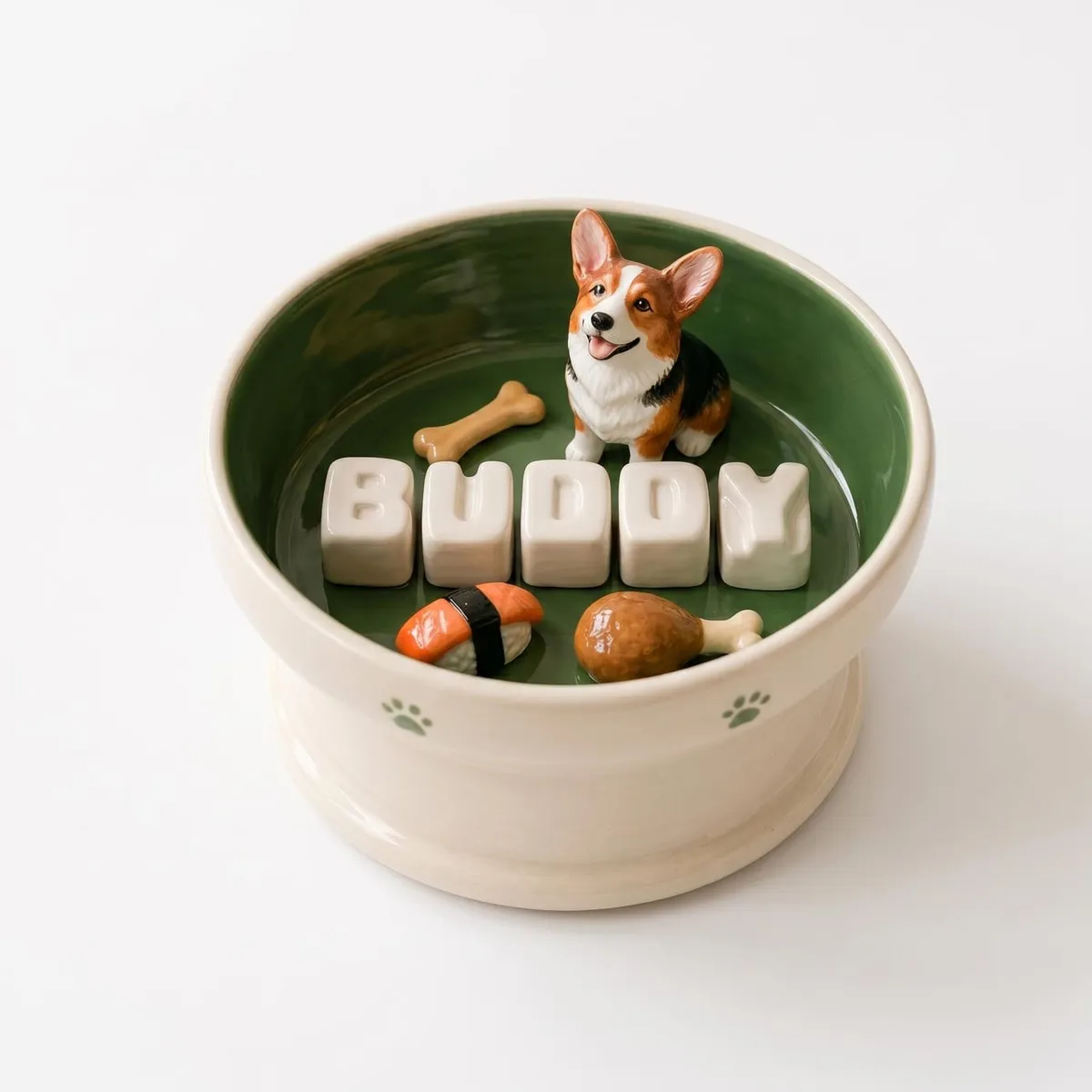 Custom 3D ceramic pet bowl featuring hand-sculpted Corgi figurine and sculpted ceramic name BUDDY