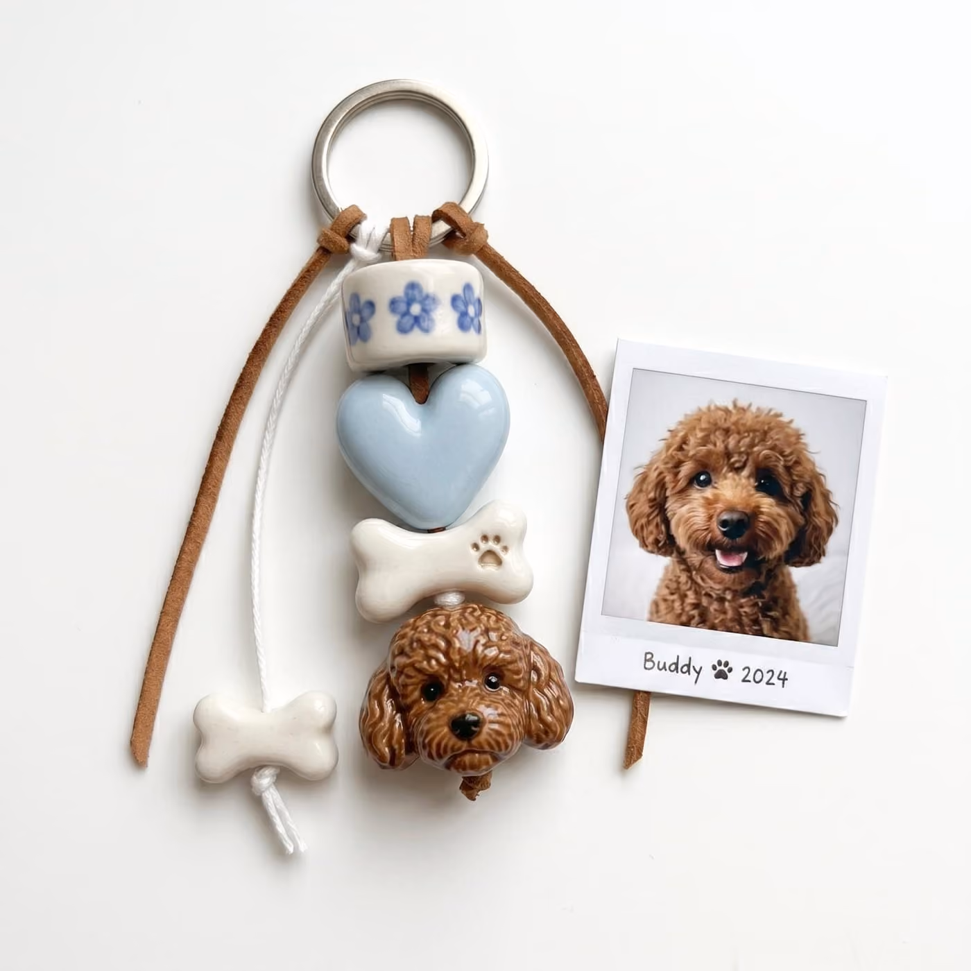 Handmade ceramic 3d pet portrait keychain by Pepple Studio