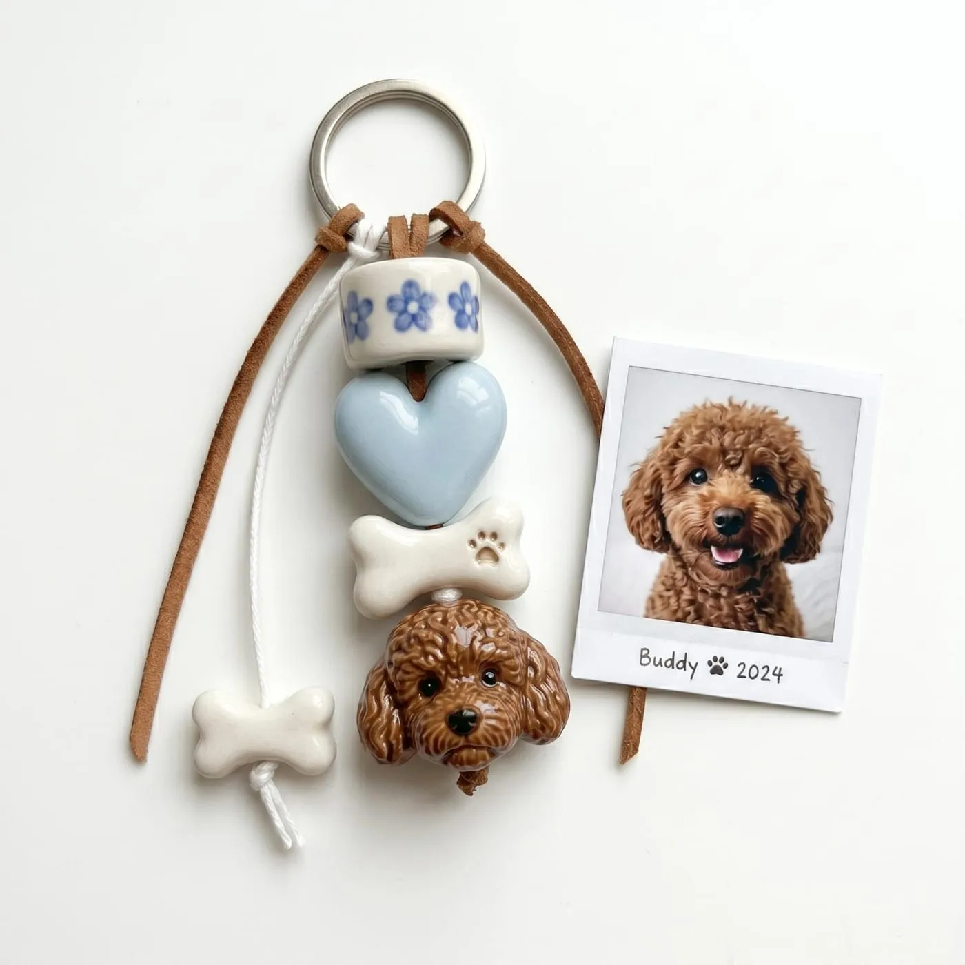 A ceramic keychain on a leather cord with a sculpted poodle head, a pale blue heart and two bone charms, beside a printed photo of the same dog