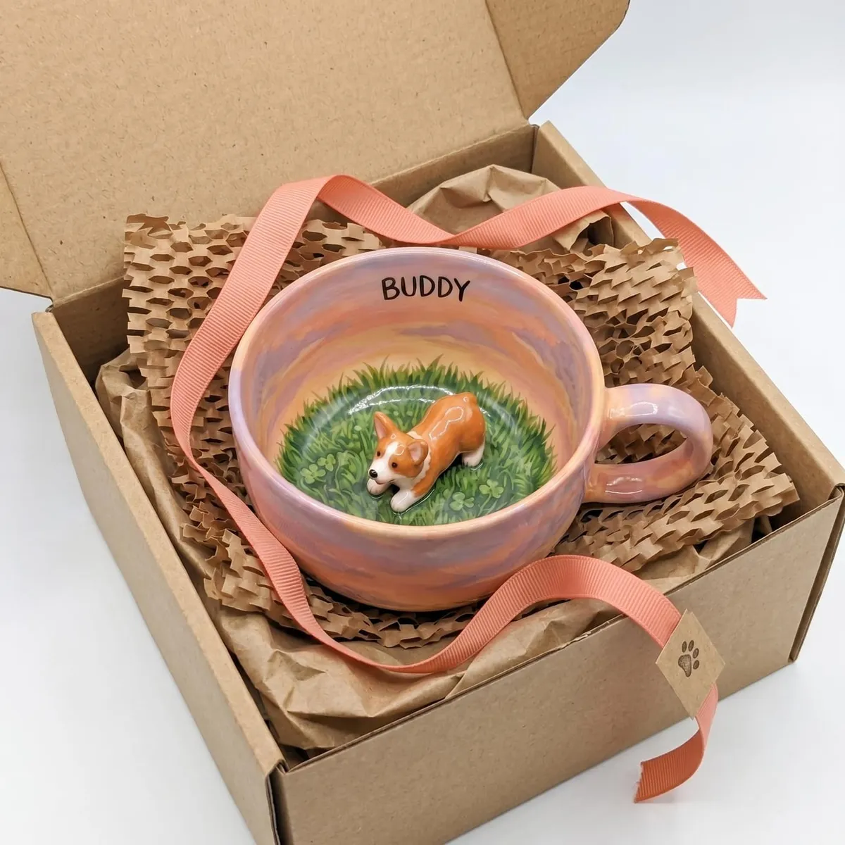 Custom 3D pet diorama ceramic mug with sculpted Corgi inside and hand-painted watercolor sunset rim