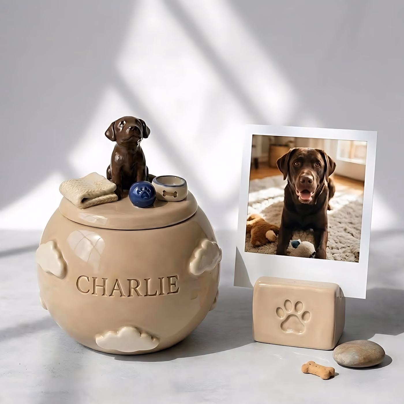 Handmade ceramic pet memorial urn with a hand-sculpted pet figurine