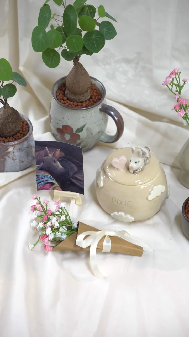 A finished ceramic urn with Dixie’s name on it, filmed beside a photo of Dixie