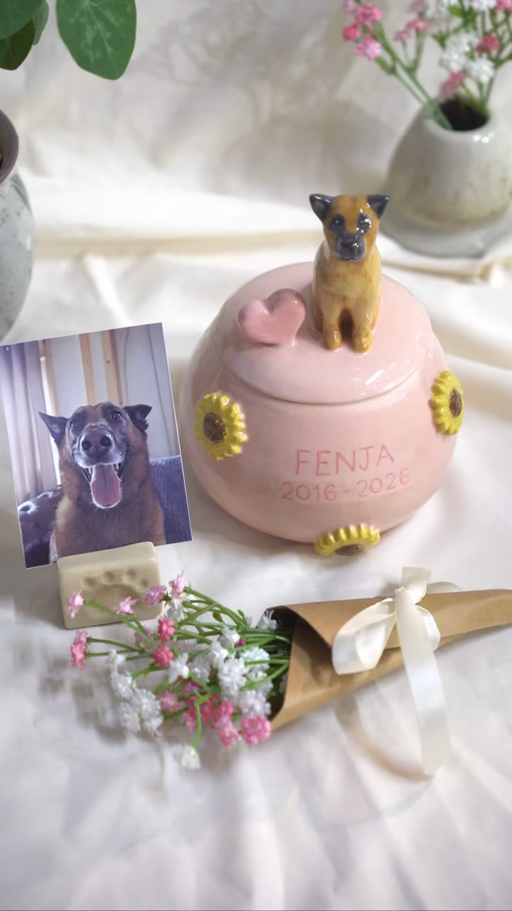 A finished ceramic urn with Fenja’s name on it, filmed beside a photo of Fenja