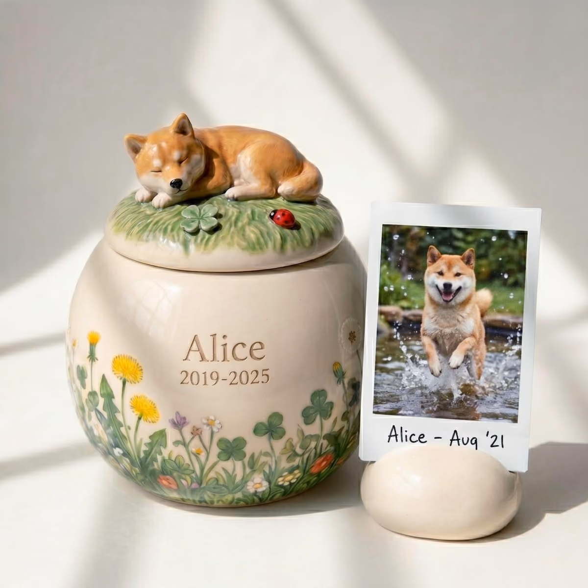 A handmade ceramic pet urn with painted meadow flowers on a windowsill