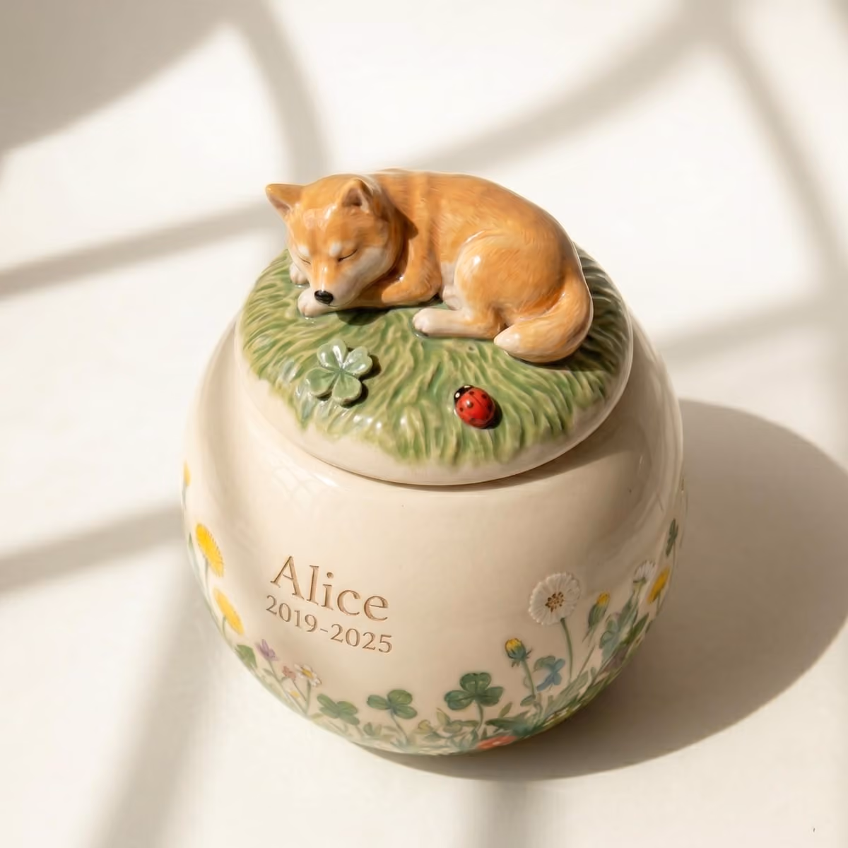 A hand-painted ceramic pet urn with scattered meadow flowers