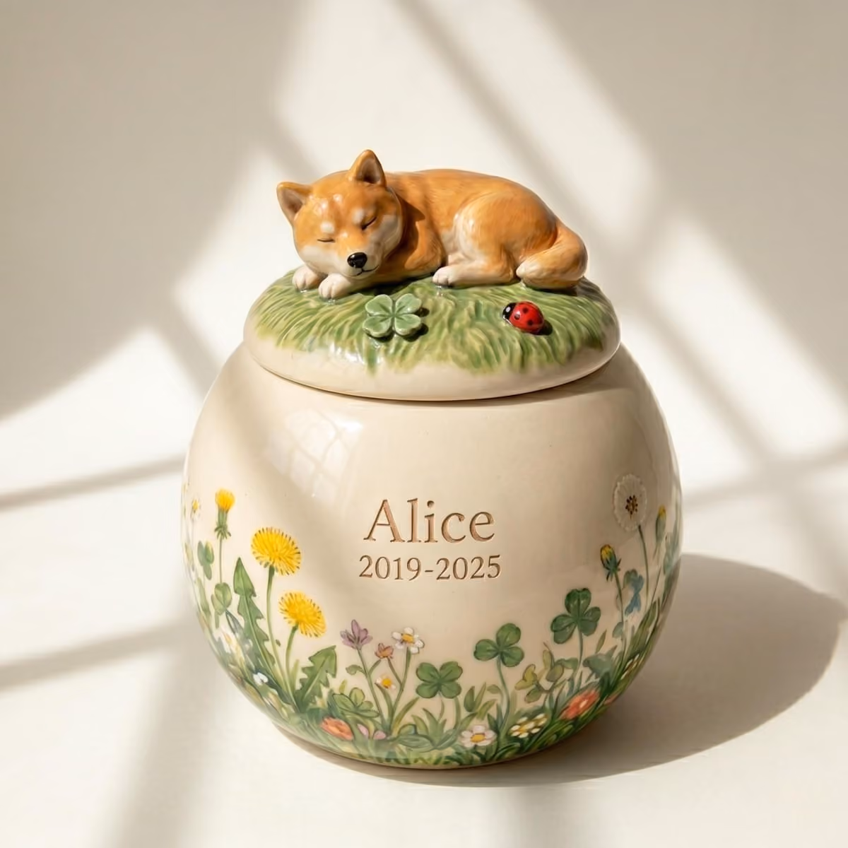 Shiba Inu ceramic memorial urn, view 3