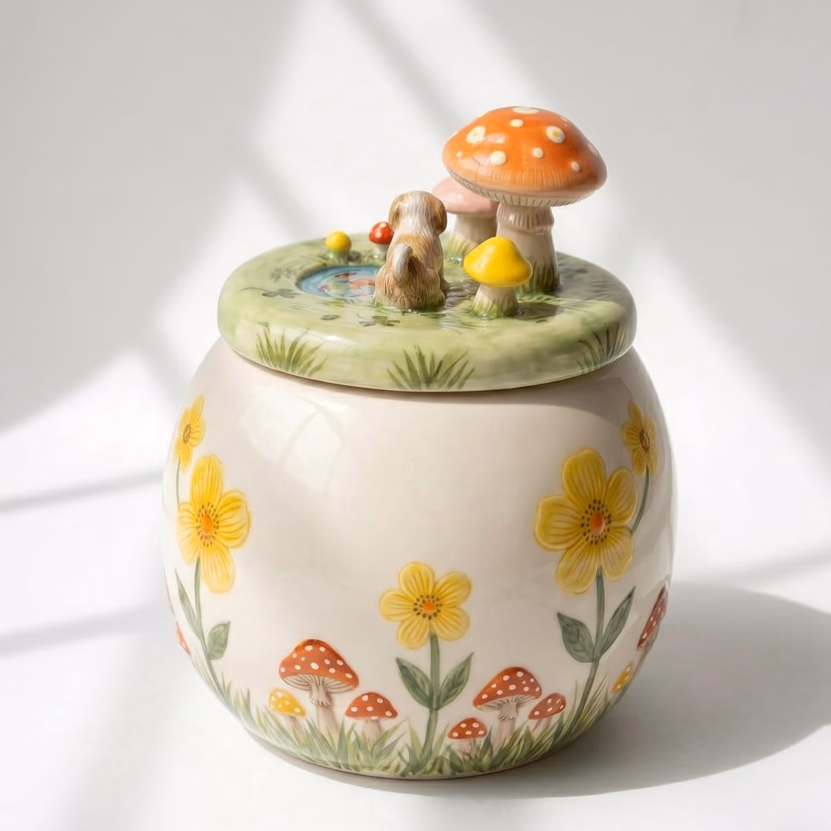 A woodland-themed ceramic pet urn with sculpted mushrooms and moss on the lid