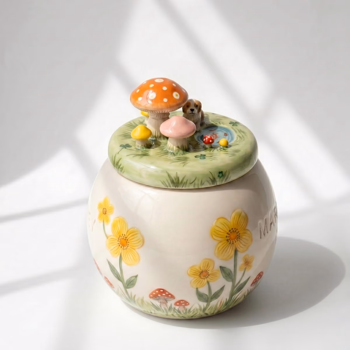 Forest & Mushroom pet urn shown from the side