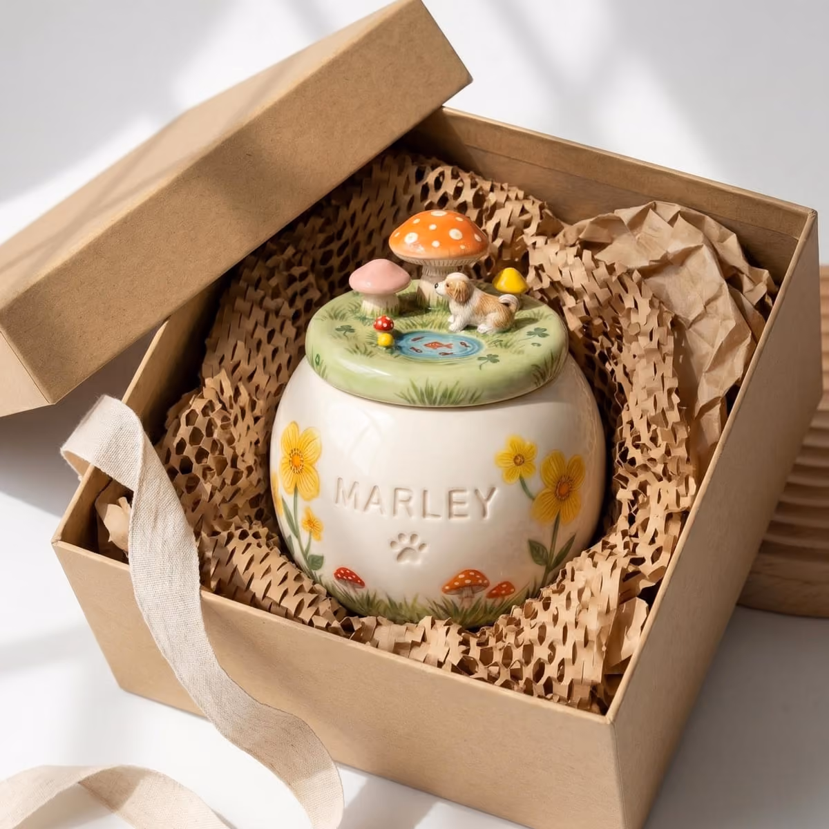 Close-up of the forest & mushroom detail on a handmade ceramic urn