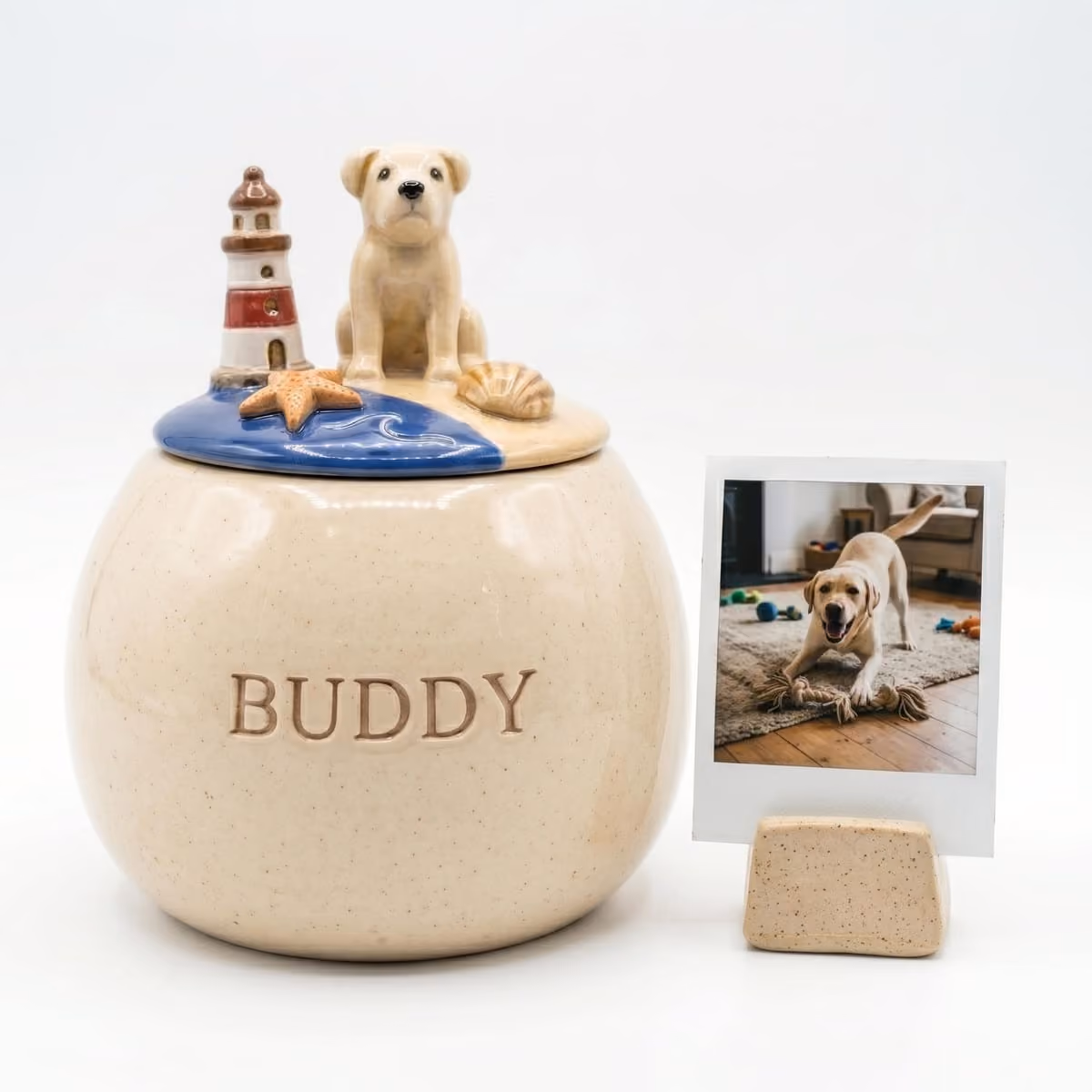 Ocean & Nautical ceramic pet urn with a hand-sculpted figurine