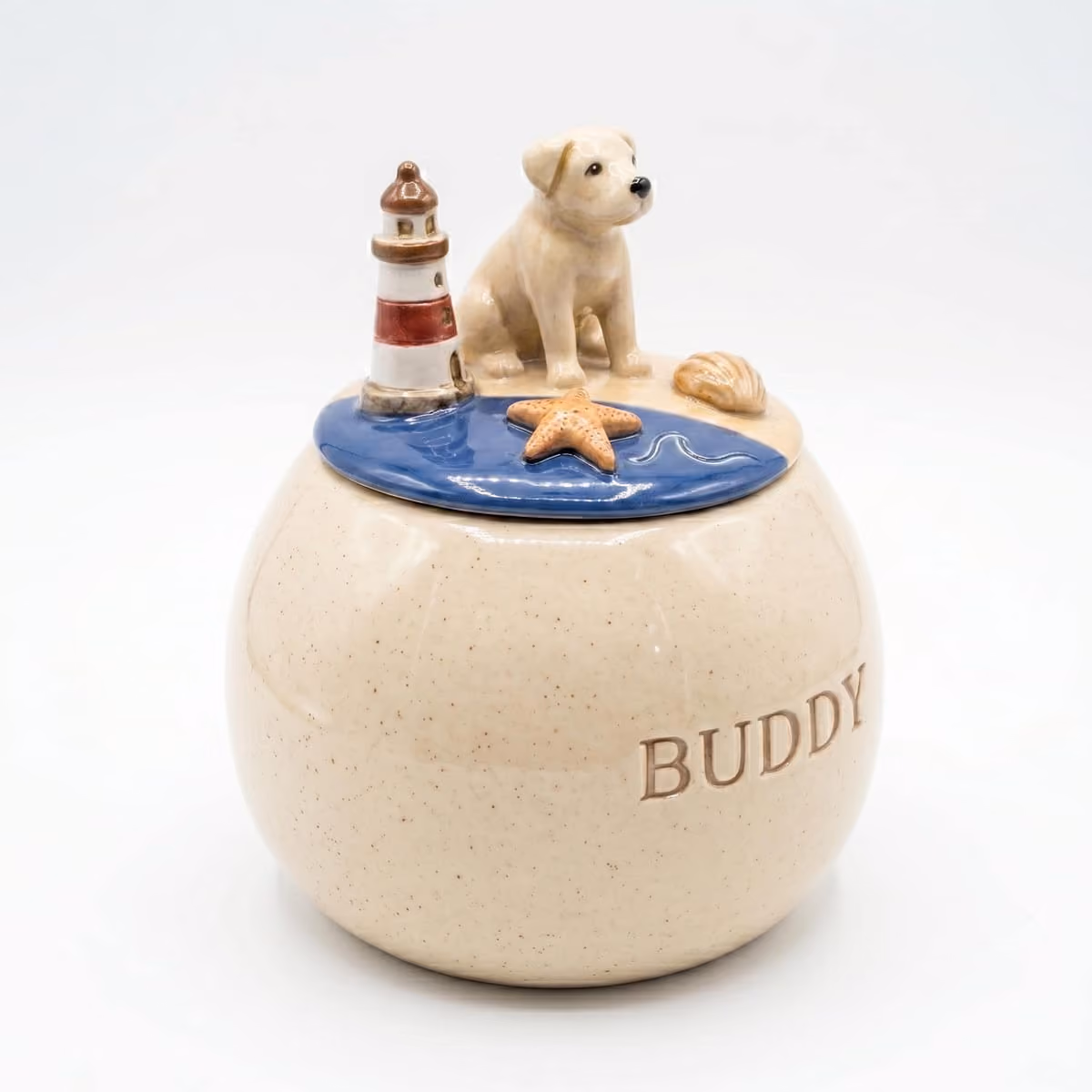 Close-up of the ocean & nautical detail on a handmade ceramic urn