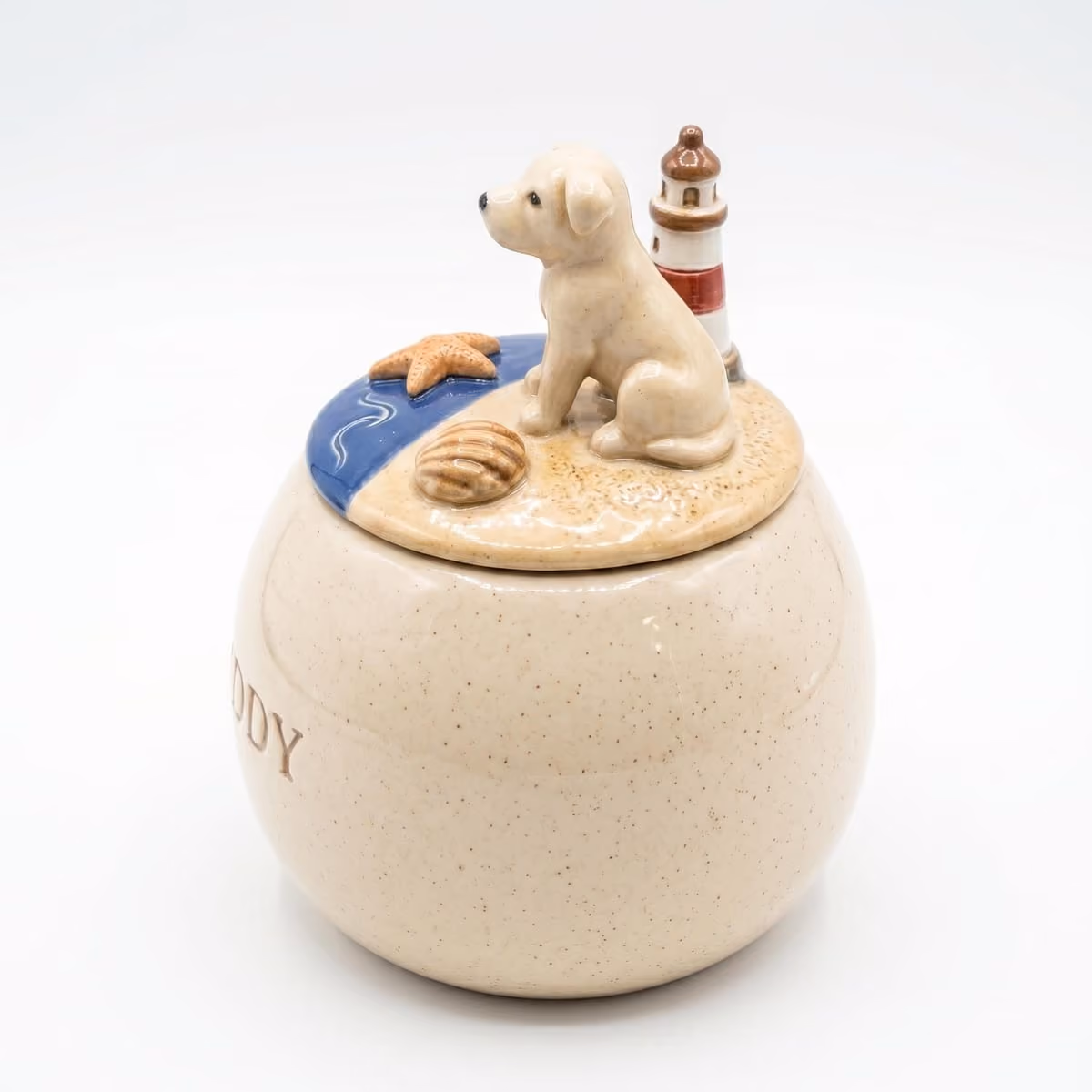 Ocean & Nautical urn lid with the sculpted pet figurine