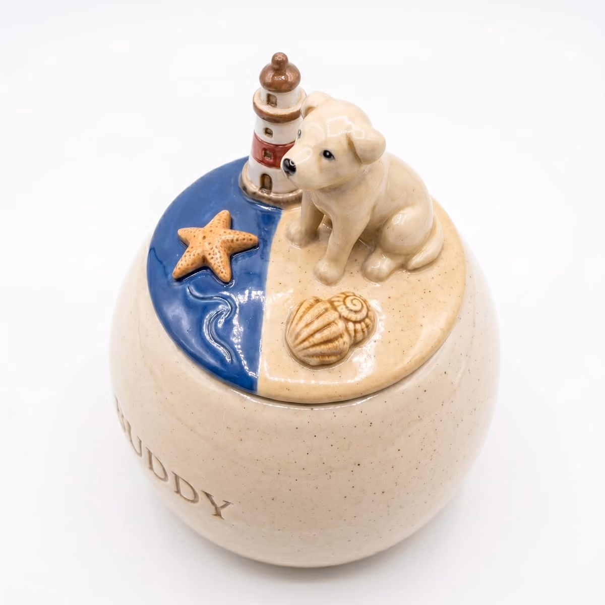 Ocean & Nautical pet urn shown next to a hand for scale