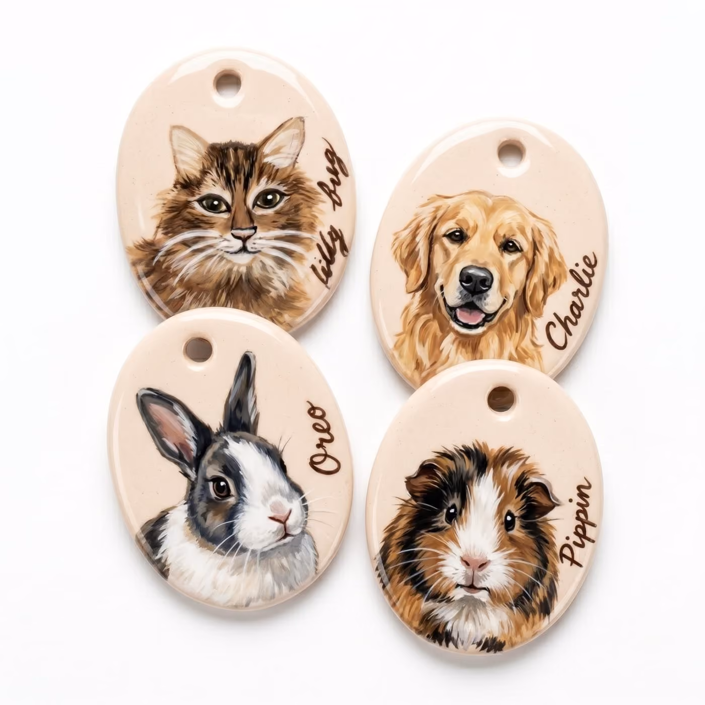Handmade ceramic hand-painted pet portrait pendant by Pepple Studio