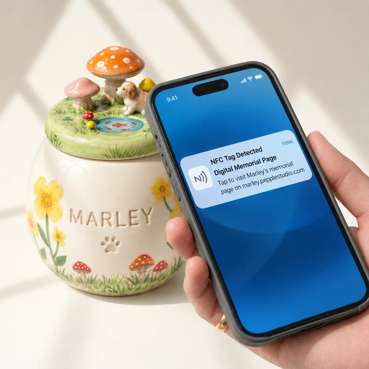 A phone held against a ceramic urn, opening a memorial page