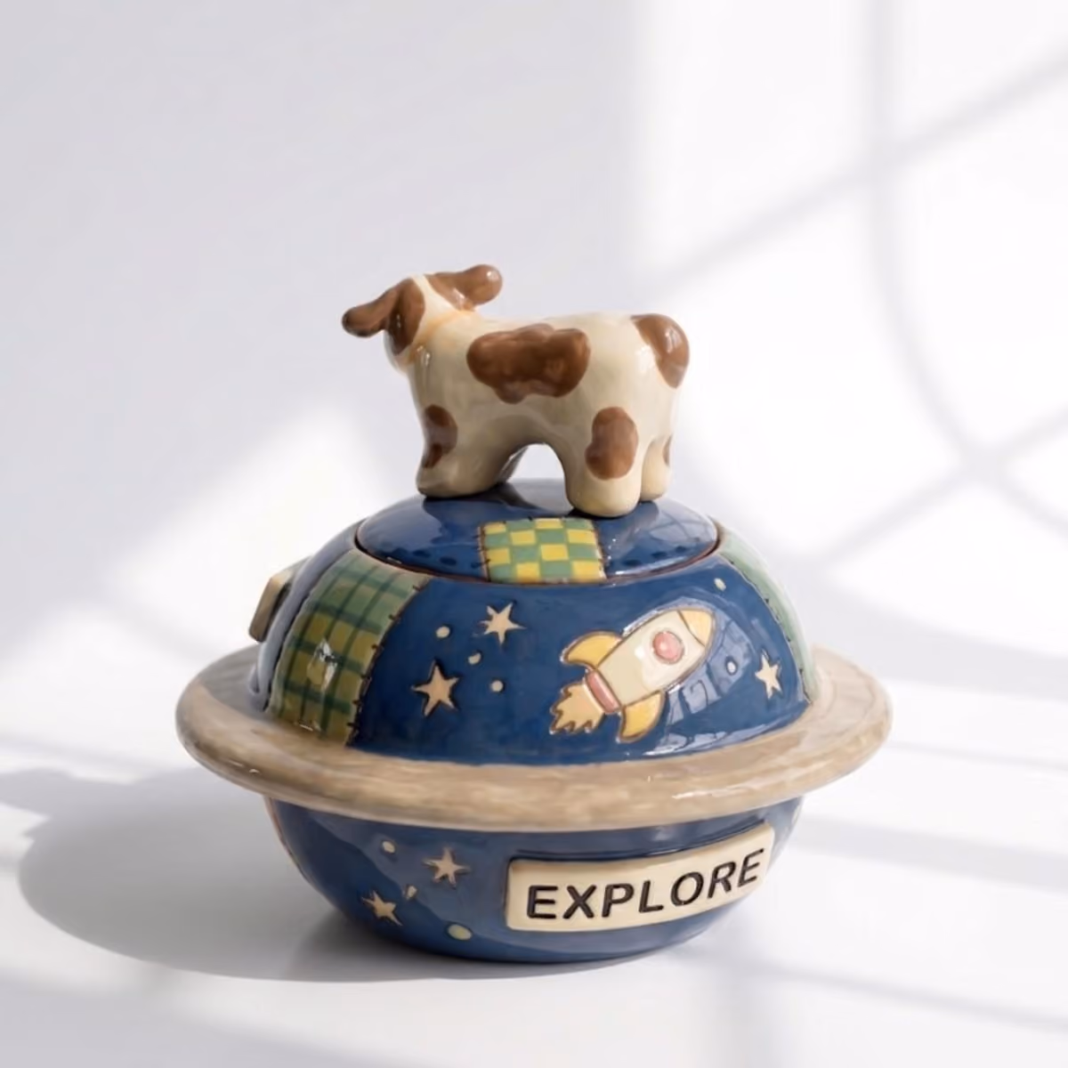 Close-up of the planet & space detail on a handmade ceramic urn