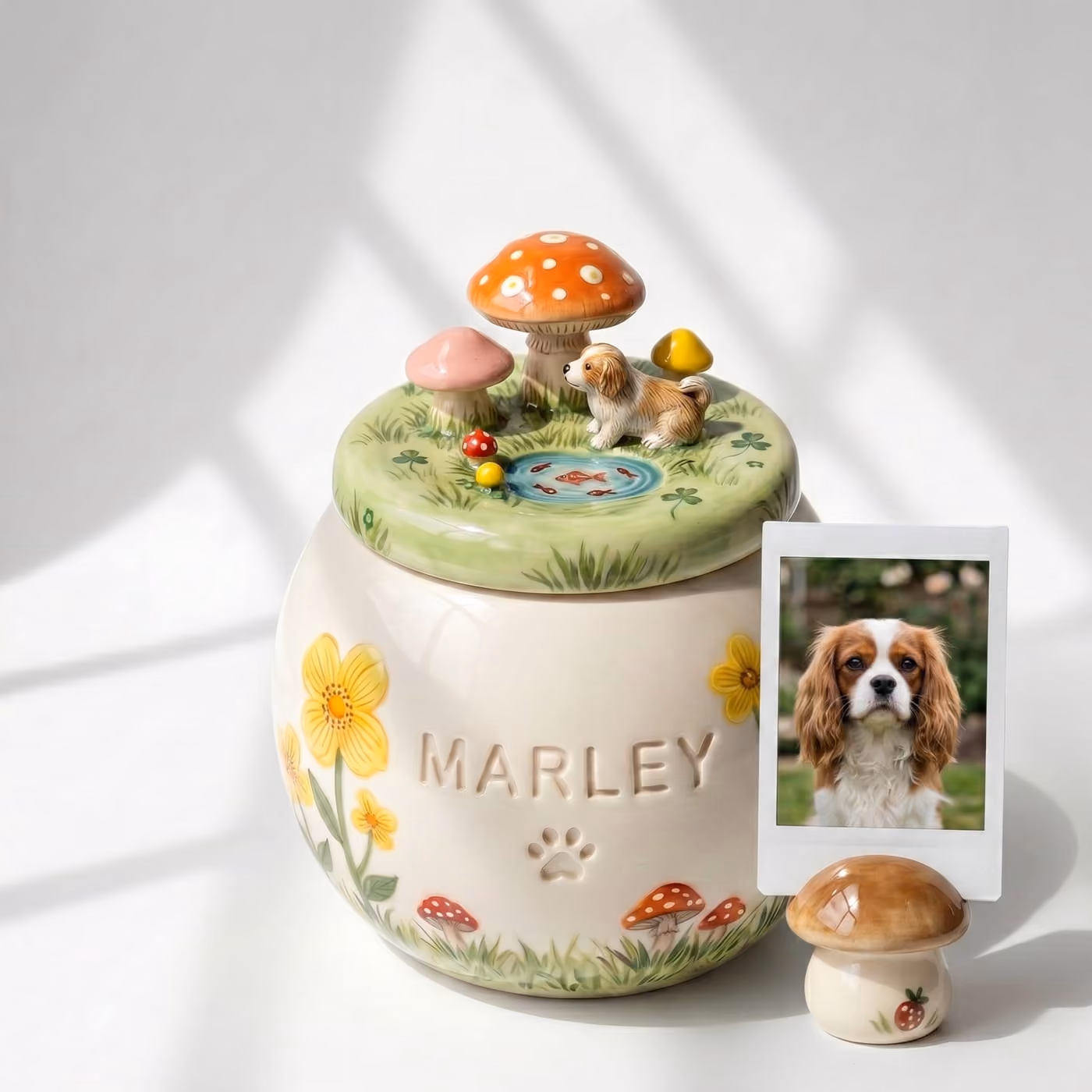 Handmade ceramic pet memorial urn with a hand-sculpted pet figurine