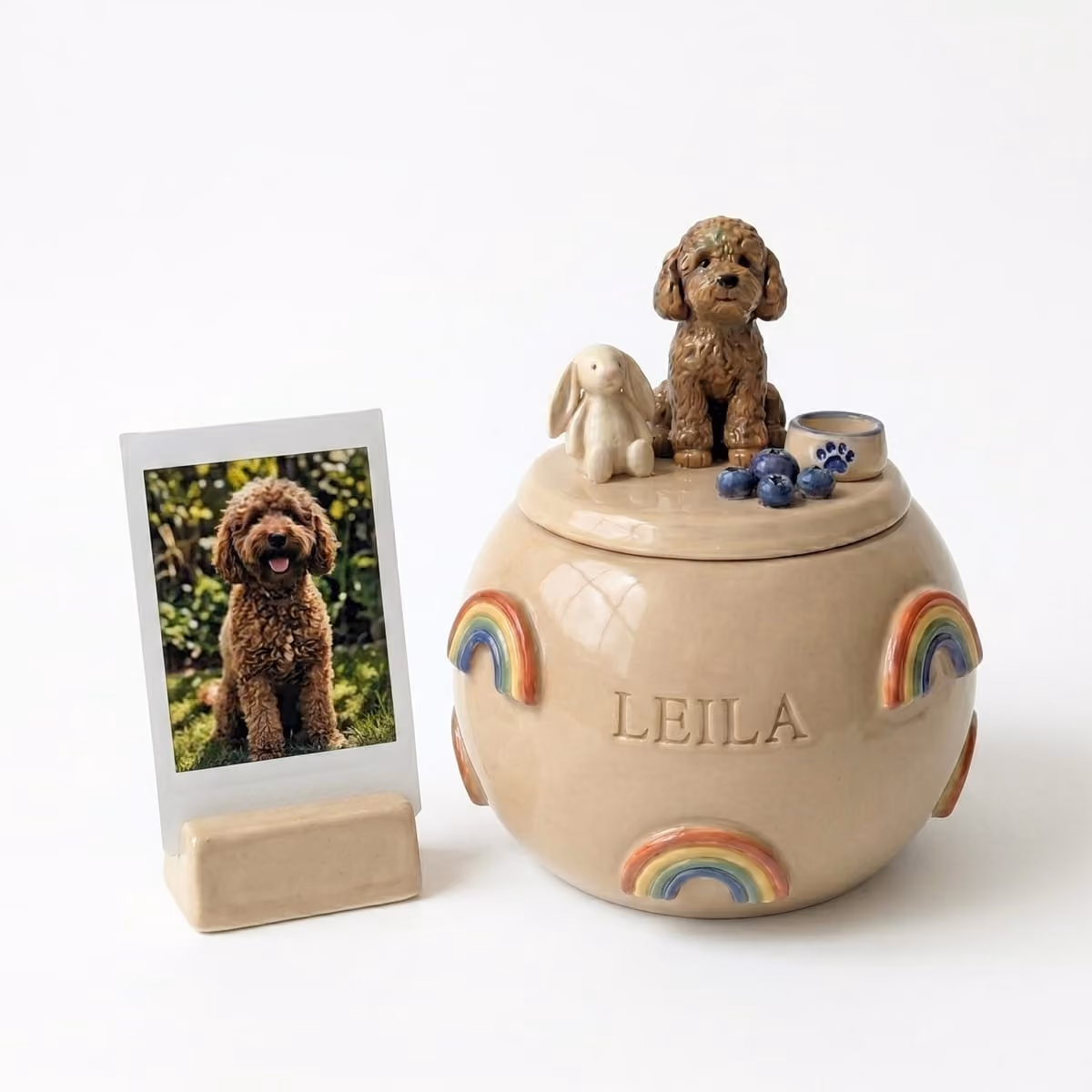 A ceramic pet urn hand-painted with a soft rainbow arc and a sculpted dog figurine