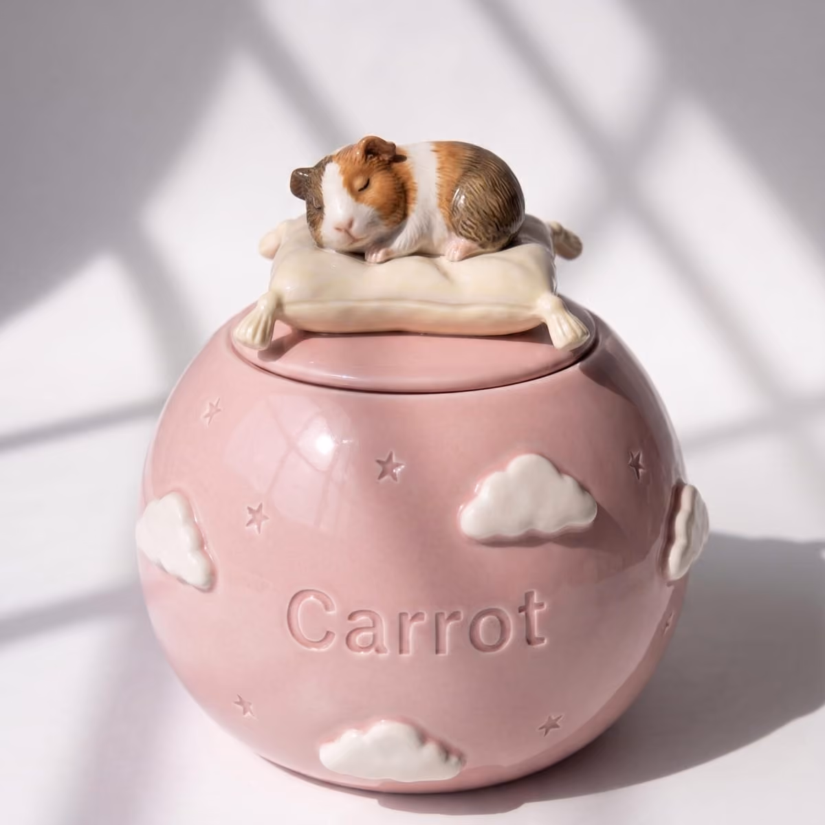 A handmade ceramic pet urn on a shelf beside a small framed photograph