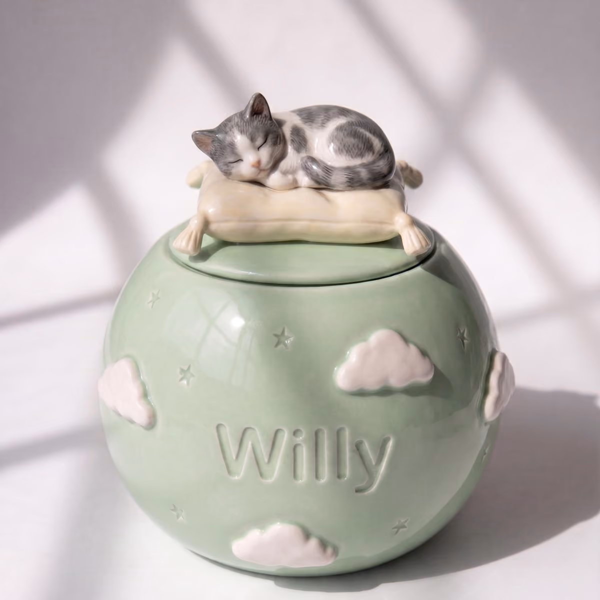 Sleeping Cloud urn lid with the sculpted pet figurine