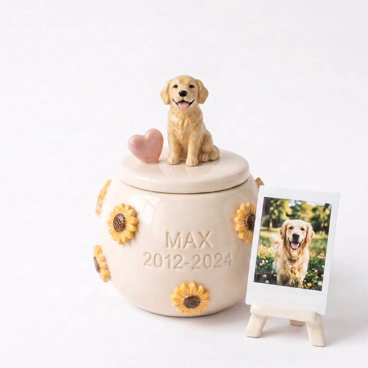 A ceramic pet urn hand-painted with large yellow sunflowers