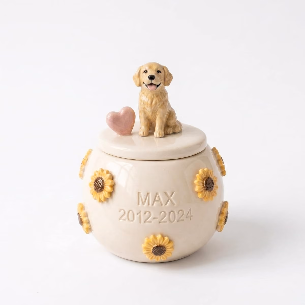 Sunflower pet urn shown from the side