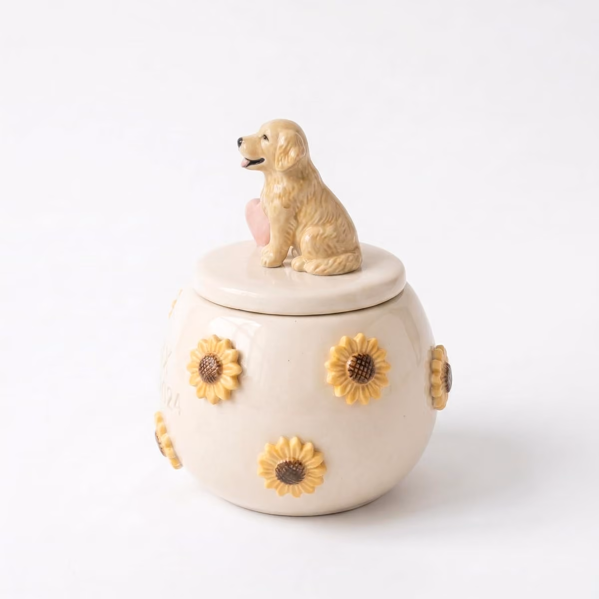 Sunflower urn lid with the sculpted pet figurine