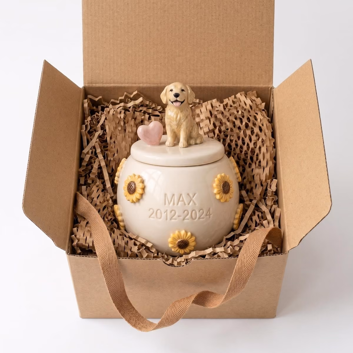 Sunflower pet urn shown next to a hand for scale