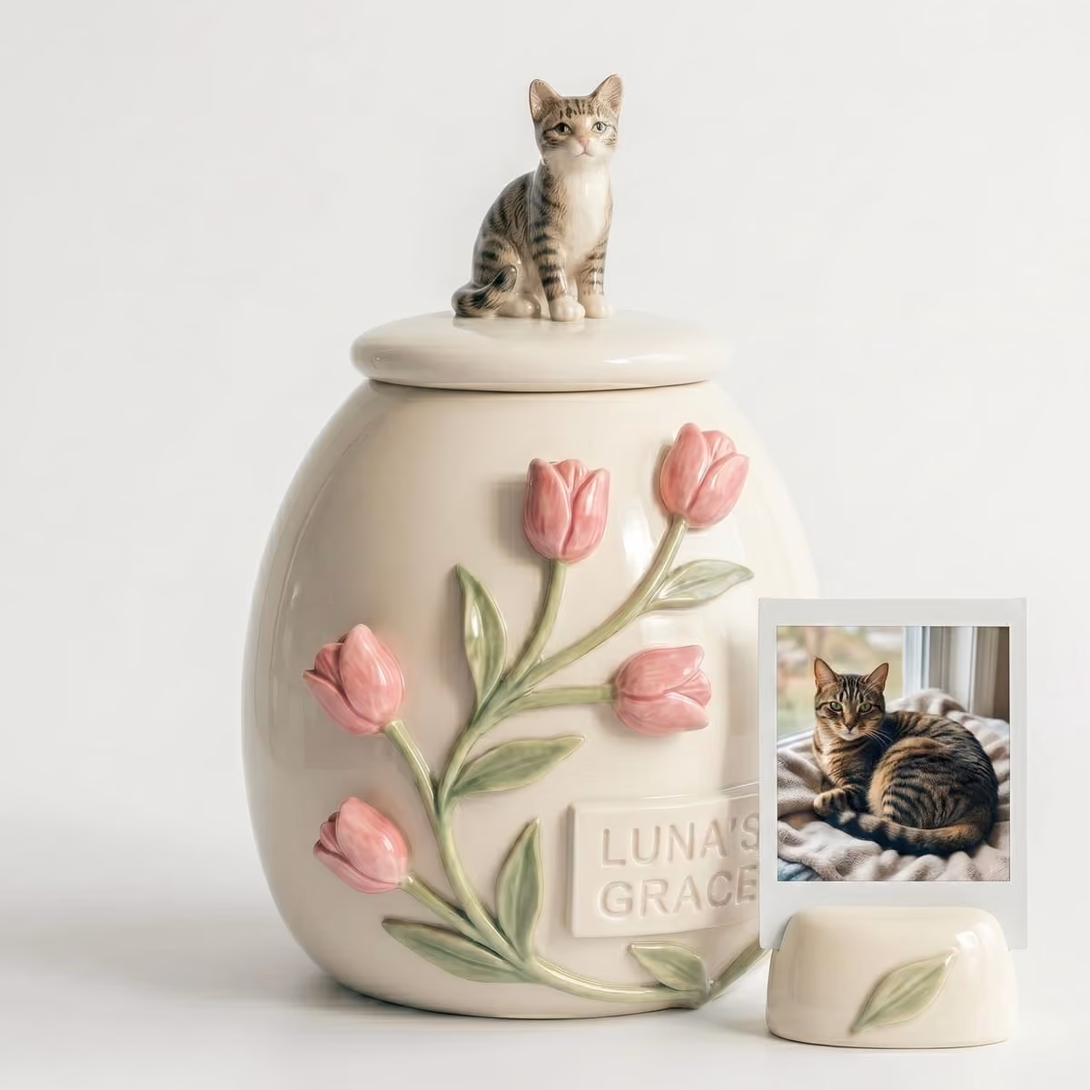 A high-fired ceramic pet urn with sculpted tulips in relief and a glazed surface