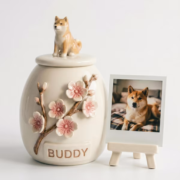 Pastel ceramic pet urn with a hand-sculpted Shiba Inu figurine and cherry blossom detail