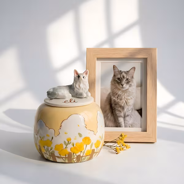 Ceramic cat memorial urn with a hand-painted portrait and sculpted lid figurine