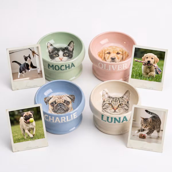 Handmade ceramic pet bowl with a 3D figurine sculpted onto the rim