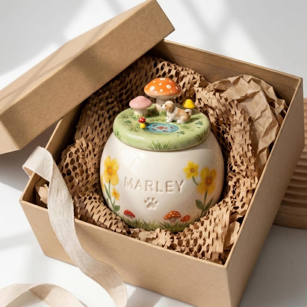Finished ceramic pet memorial urn cradled in a kraft gift box with honeycomb padding and ribbon
